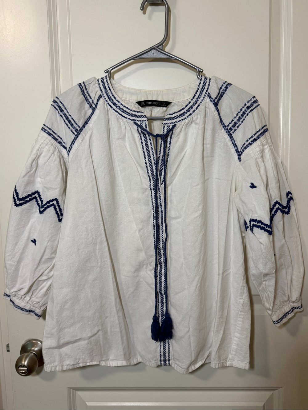 Zara White Peasant Blouse with Navy Trim